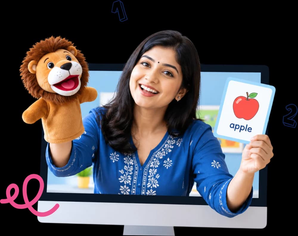 Smiling teacher holding a lion puppet and an apple flashcard, leaning out of a computer screen