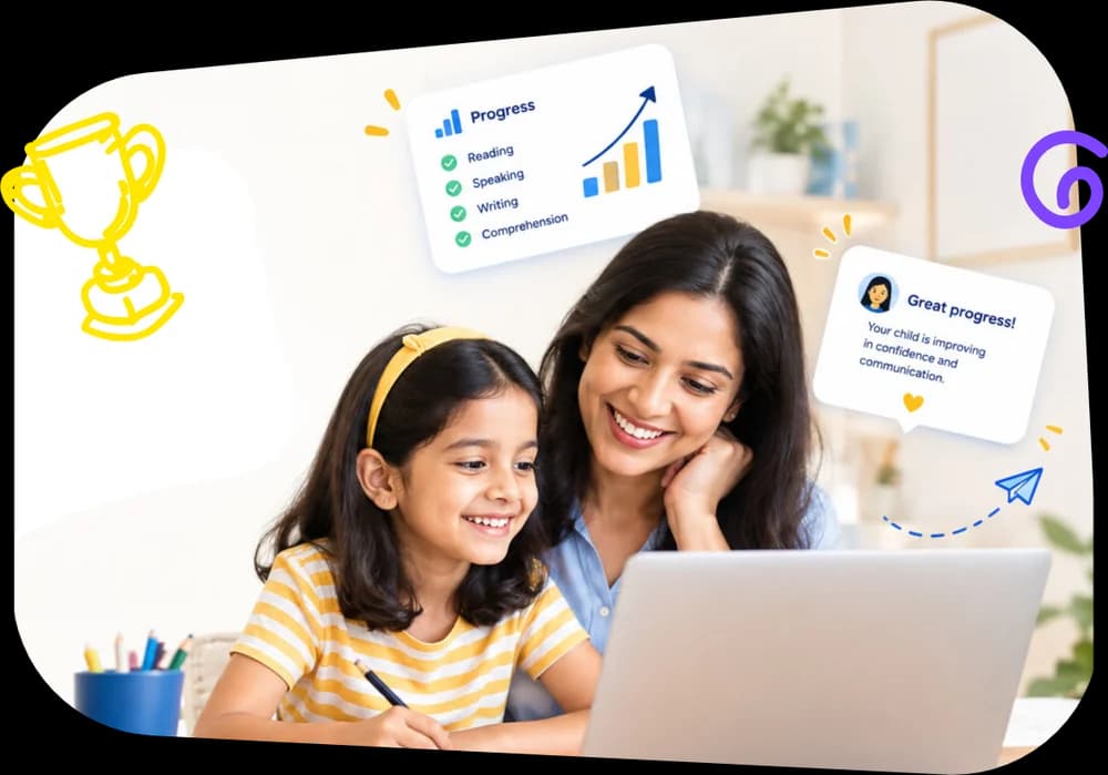 Mother and daughter learning together on a laptop, surrounded by progress report cards