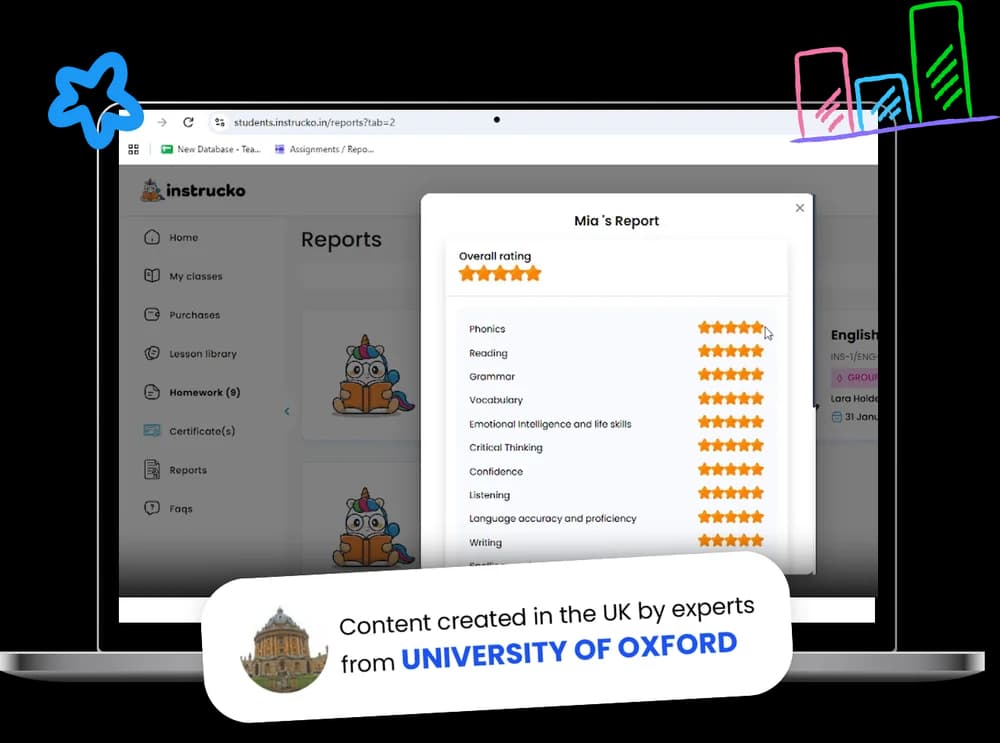 Instrucko parent dashboard showing a student's report card, with content created in the UK by experts from the University of Oxford